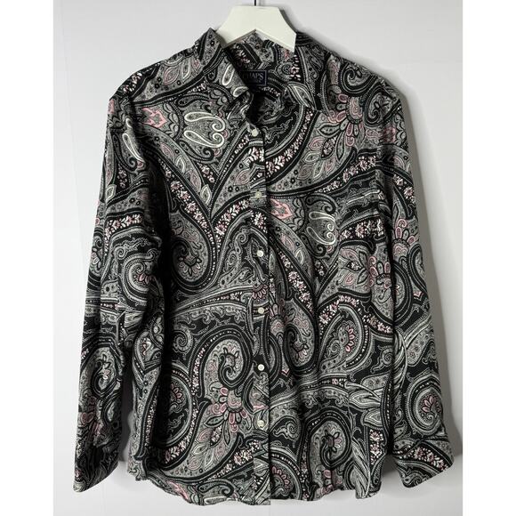 CHAPS No Iron Women's 2X Button Up Top Black Pink Paisley Long Sleeve Cotton - Picture 1 of 10